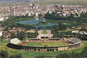 Madagascar, Aerial view of Antananarivo Stadium and Lake Anosy with war memorial Madagascar, Aerial view of Antananarivo Stadium and Lake Anosy with war memorial