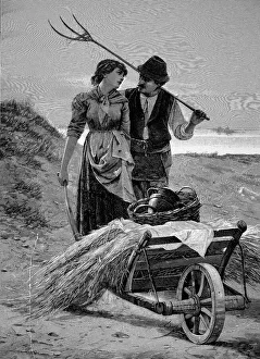 Peasant couple on their way home from the harvest, Woodcut from 1892 Peasant couple on their way home from the harvest, Woodcut from 1892