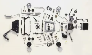 Transportation Technology Images Prints: Above view of mechanical components of a small car