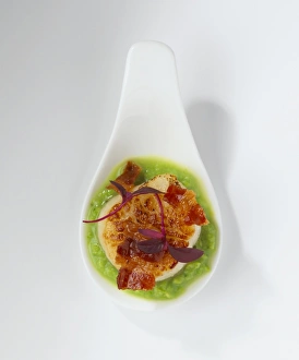 Seared scallop, pea puree and crispy pancetta on a ceramic spoon Seared scallop, pea puree and crispy pancetta on a ceramic spoon