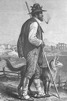Shepherd with pipe and shepherd's staff and with his shepherd dog from Campania Shepherd with pipe and shepherd's staff and with his shepherd dog from Campania
