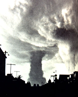 Tornado striking town, United States, 1930s Tornado striking town, United States, 1930s