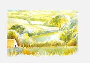 Watercolour painting of farmhouse amid fields and hills Watercolour painting of farmhouse amid fields and hills