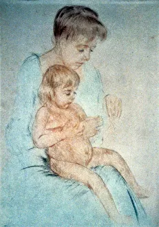Woman holding small nude child on lap while manicuring her fingernails, c1904. Pastel Woman holding small nude child on lap while manicuring her fingernails, c1904. Pastel