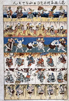 Woodcut, Colour, Poster of Ukiyo-e print illustration showing boys enjoying the first of Woodcut, Colour, Poster of Ukiyo-e print illustration showing boys enjoying the first of