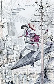 Young lady paying calls by personal airship among a maze of telegraph and telephone wires Young lady paying calls by personal airship among a maze of telegraph and telephone wires