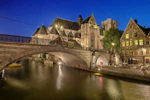 The Blue Hour of Saint Michaels Church & Bridge Along Leie River, Ghent, Belgium The Blue Hour of Saint Michaels Church & Bridge Along Leie River, Ghent, Belgium