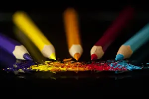 Prints of A small collection of coloured pencils on a black background with the shavings of each colour in the foreground Images Dated 2014 October: Colour Your World Print: Coloured Pencils on Black Background
