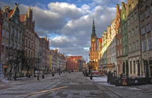 Gdansk Long Market Street and Town Hall sunrise Gdansk Long Market Street and Town Hall sunrise