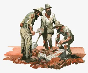 Illustration of Australian explorers Burke, Wills and King digging up boxes in outback Illustration of Australian explorers Burke, Wills and King digging up boxes in outback
