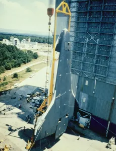 Space Prints: Space Shuttle Enterprise Print: Vertical Hoist into Saturn V Test Stand