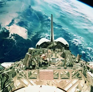 Australian Space Photography Prints: View of the tail section of the space shuttle orbiting above earth