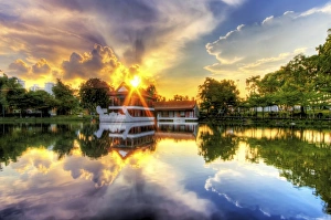 Sunset with the Traditional Style Stone Boat and Tea House in Singapore Chinese Garden, Singapore Sunset with the Traditional Style Stone Boat and Tea House in Singapore Chinese Garden, Singapore