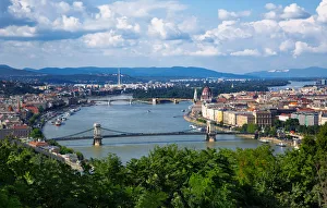 View of the Chain Bridge and Skyline of Budapest Along Danube River, Hungary View of the Chain Bridge and Skyline of Budapest Along Danube River, Hungary