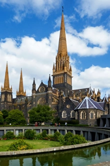 View of the Gothic Revival Central Tower of St Patricks Cathedral, Melbourne, Victoria, Australia View of the Gothic Revival Central Tower of St Patricks Cathedral, Melbourne, Victoria, Australia