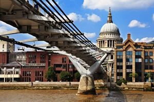 Anglican Cathedral Collection: View of St Pauls Cathedral and the Millennium Bridge at River Thames, London, England