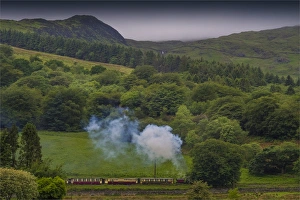 Welsh railway and puffing engine pulling carriages, northern Wales, United Kingdom Welsh railway and puffing engine pulling carriages, northern Wales, United Kingdom