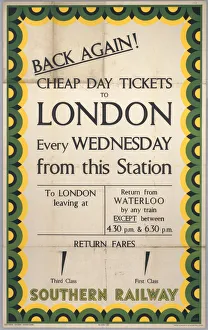 Back Again! Cheap Day Tickets to London, SR poster, 1939 Back Again! Cheap Day Tickets to London, SR poster, 1939
