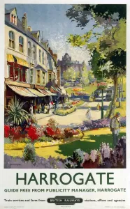 Prints of Poster produced by British Railways (BR) to promote rail services to the Yorkshire spa town of Harrogate. Artwork by Jack Merriott (1901-1968) England Prints: Harrogate Print, 1957 BR Railway Poster