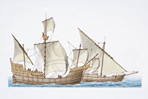 The 1492 ship Santa Maria and her sister ship Nina, side view The 1492 ship Santa Maria and her sister ship Nina, side view