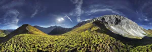 360 mountain panorama with hikers in the Wettersteingebirge range, Mt. Suedwand on the Suedwandsteig trail with view 360 mountain panorama with hikers in the Wettersteingebirge range, Mt. Suedwand on the Suedwandsteig trail with view