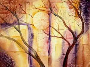 Images Dated 12th December 2012: Full Moon Through Branches Watercolour Print on Paper