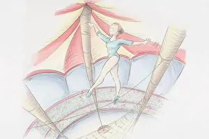 Acrobat in green leotard and shoes balancing on tightrope near the roof of circus tent Acrobat in green leotard and shoes balancing on tightrope near the roof of circus tent