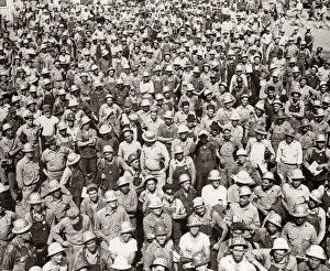 Aerial Of Large Group Of Men Tva Construction Workers Wearing Hard Hats Aerial Of Large Group Of Men Tva Construction Workers Wearing Hard Hats