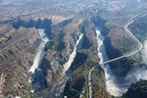Aerial view, gorge with the Victoria Falls Bridge over the Zambezi River Aerial view, gorge with the Victoria Falls Bridge over the Zambezi River