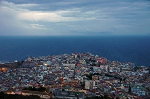 Aerial view of Naples old Quarter and bay at dusk Aerial view of Naples old Quarter and bay at dusk