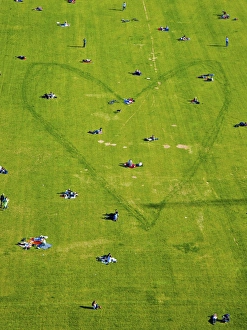 Aerial view, people and a heart in a park next to Berlin Cathedral, Berlin, Germany, Europe Aerial view, people and a heart in a park next to Berlin Cathedral, Berlin, Germany, Europe