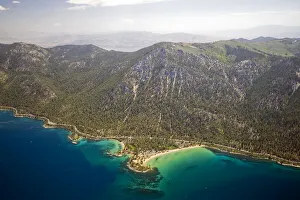 An aerial view of Sand Harbor on the east shore of Lake Tahoe in the summer, Nevada An aerial view of Sand Harbor on the east shore of Lake Tahoe in the summer, Nevada