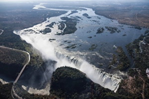 Aerial view, Victoria Falls with the Victoria Falls Bridge over the Zambezi River Aerial view, Victoria Falls with the Victoria Falls Bridge over the Zambezi River