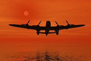 Airplane at sunset over the sea, silhouette, 3D graphics Airplane at sunset over the sea, silhouette, 3D graphics
