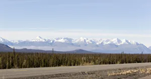 Alaska Highway, north of Whitehorse, St. Elias Mountains, Kluane National Park and Reserve behind, Yukon Territory Alaska Highway, north of Whitehorse, St. Elias Mountains, Kluane National Park and Reserve behind, Yukon Territory