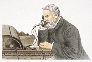 Alexander Graham Bell speaking 1876 Bell telephone, side view Alexander Graham Bell speaking 1876 Bell telephone, side view