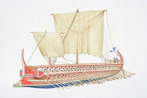 Ancient Greece, wooden sailing boat with two large sails Ancient Greece, wooden sailing boat with two large sails