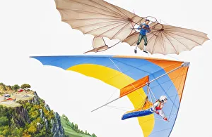 Ancient and modern hang gliding, low angle view Ancient and modern hang gliding, low angle view