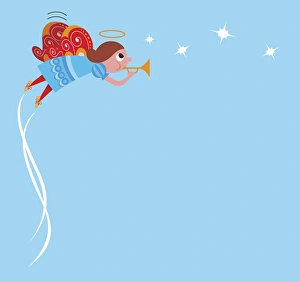 Angel with halo and butterfly wings flying and blowing trumpet, side view Angel with halo and butterfly wings flying and blowing trumpet, side view