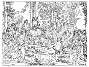 Antique illustration of Apollo and Muses on Mount Parnassus Antique illustration of Apollo and Muses on Mount Parnassus