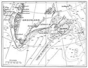 Antique illustration of Greenland and Iceland bathymetry map Antique illustration of Greenland and Iceland bathymetry map