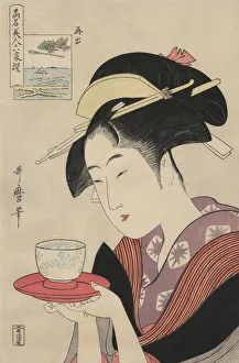 Antique Japanese Woodblock, woman serving tea Antique Japanese Woodblock, woman serving tea