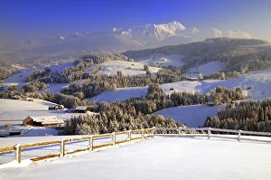 Appenzeller winter landscape in evening light with view on the Santis, Appenzell, Switzerland Appenzeller winter landscape in evening light with view on the Santis, Appenzell, Switzerland