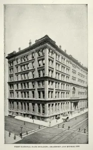 Prints of Vintage illustration after a photograph of The First National Bank building, Dearborn and Monroe streets, Chicago, 19th Century Architecture Prints: 19th Century Chicago First National Bank Print