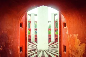 Prints of The brick and plaster astronomical instruments in Jantar Mantar, New Delhi India. Jantar Mantar is an observatory built in 1724, by a Hindu king Sawai Jai Singh II Architecture Prints: Jantar Mantar Architectural Details Print