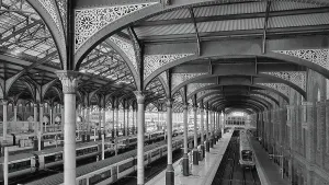 Prints of View from above of railroad tracks and platforms, interiors of Liverpool Street Station in London, England Architecture Prints: Liverpool Street Station Print: London Railway Architecture
