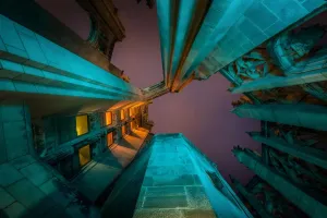 Prints of This shot definitely has a cool feel to it. I really like the contrast of the violet sky and amber light coming from the inside of the building Architecture Prints: Violet Sky and Amber Light at Tribune Tower Print