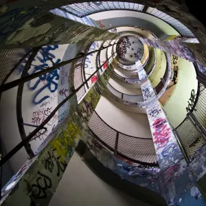 Prints of Spiral staircase seen from above. Graffitti Architecture Prints: Frigos Spiral Staircase Print