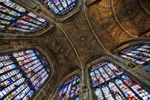 Prints of The worlds largest fan vault ceiling. (1512 - 1515.Stunning stain glass windows, looking up towards the chapel ceiling Architecture Prints: Kings College Chapel Print: Iconic Fan Vault Ceiling (1512-1515)