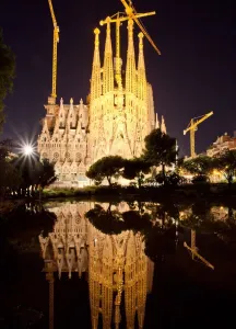Prints of The iconic Segrada Familia, Barcelona, Spain. This night image, shows the Cathedral in all its unfinished splendor, reflected in the lake. It is open to the public and available for viewing Architecture Prints: Segrada Familia Night Reflection Print, Barcelona, Spain